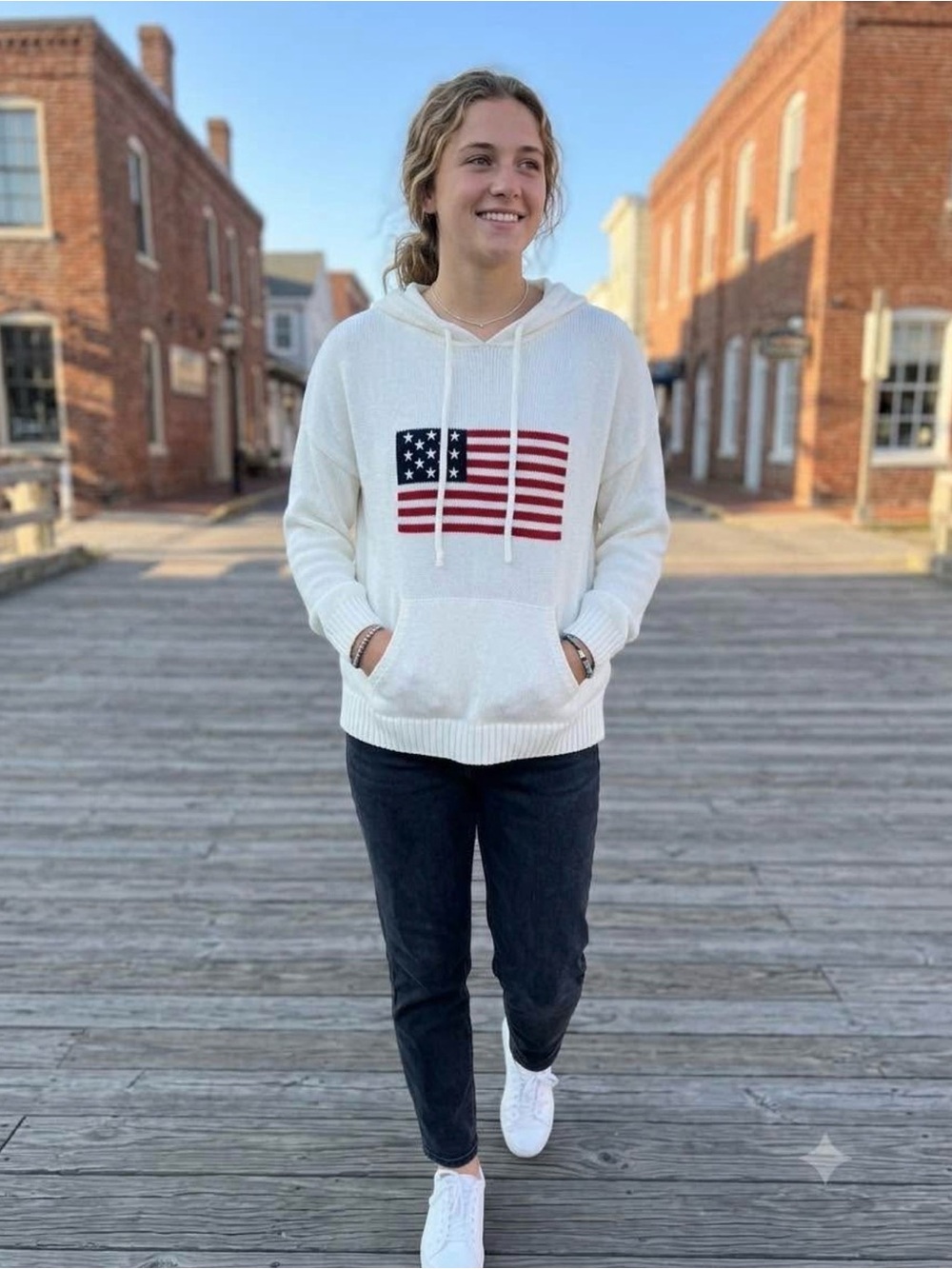 White Cowl Turtleneck Hoodie with Flag Graphic - Women's Cozy Pullover